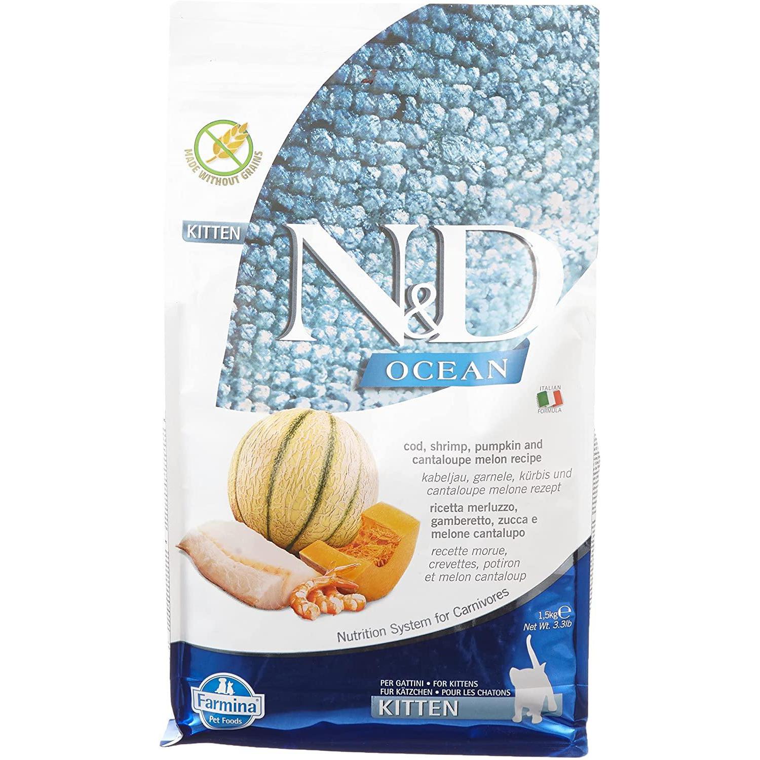 Farmina N&D Ocean Grain Free Kitten Merluzzo Gamberi e Melone 1,5kg Farmina N&D Ocean Grain Free Kitten Merluzzo Gamberi e Melone 1,5kg